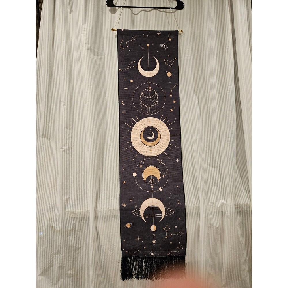 Celestial Moon Phase Wall Hanging Decor Tapestry cream and black